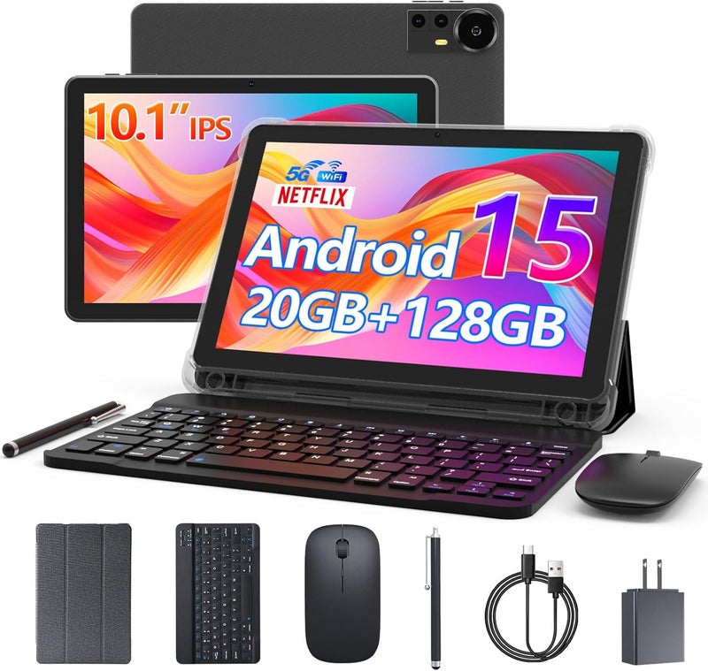 CUPEISI Android 15 Tablet 10 Inch, 20GB RAM+128GB ROM/2TB Expandable, 2.0GHz Quad-core Processor, 1280*800 HD Screen, 5G WiFi6 BT 5.0, 2 in 1 Tablets with Keyboard Case Mouse Stylus, Widevine L1 Black - Image 1